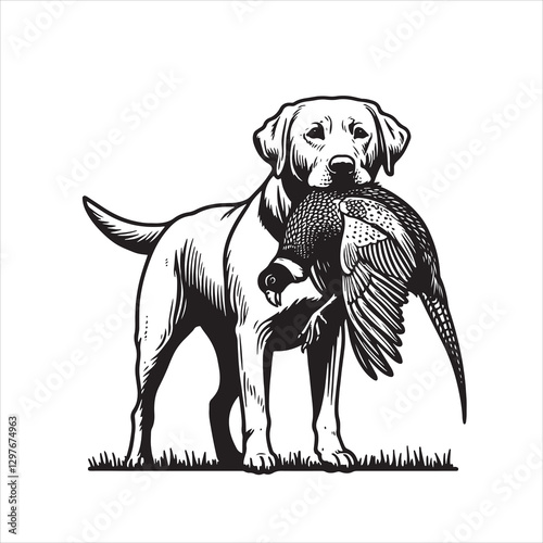 vector  hunting labrador retriever/ Brittany Spaniel dog standing and holding a duck in its mouth