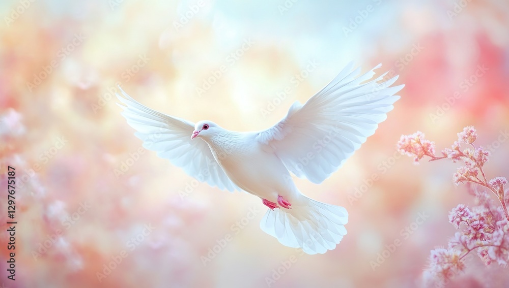 Fototapeta premium White Dove in Flight Amidst Pastel Spring Blossoms