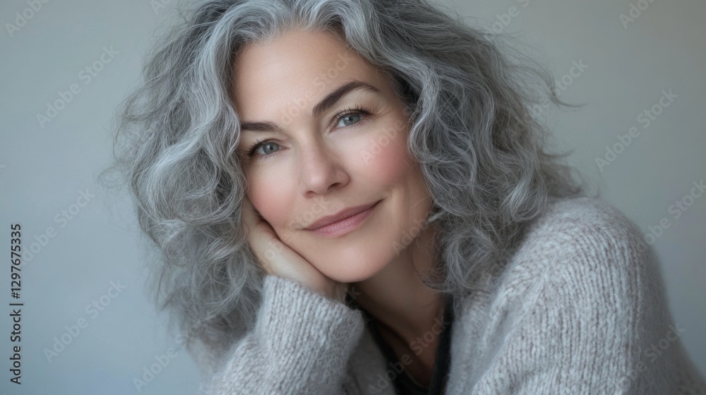 A mature woman with soft gray curls, wearing a cozy sweater and looking warmly at the camera A mature woman with soft gray curls, wearing a cozy sweater and looking warmly at the camera