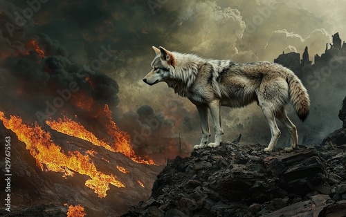 Majestic Wolf Stands Amidst Fiery Landscape and Dark Clouds