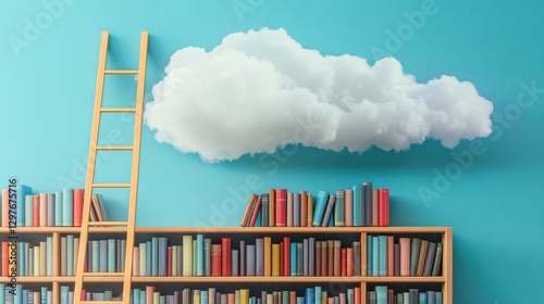 Ladder leading to a cloud above bookshelves.