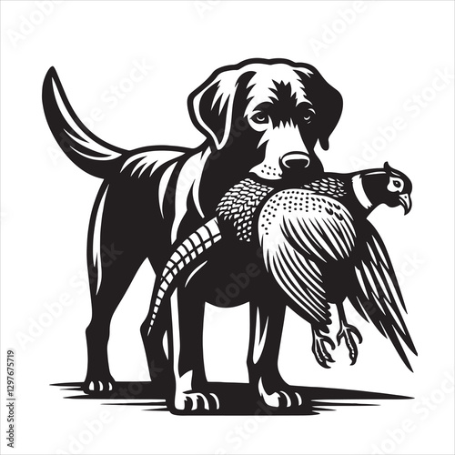 vector  hunting labrador retriever/ Brittany Spaniel dog standing and holding a duck in its mouth