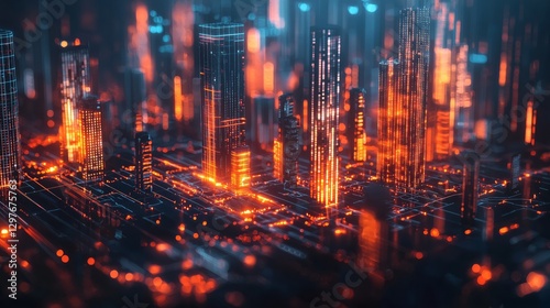 Futuristic Cityscape with Glowing Lights and Digital Elements