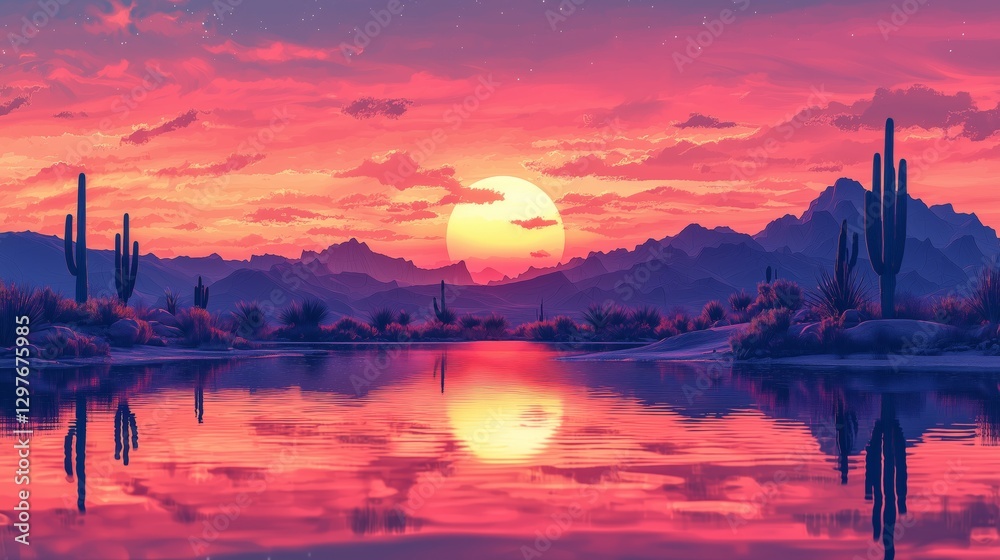 Naklejka premium Serene Desert Sunset with Cacti and Reflective Water Surface