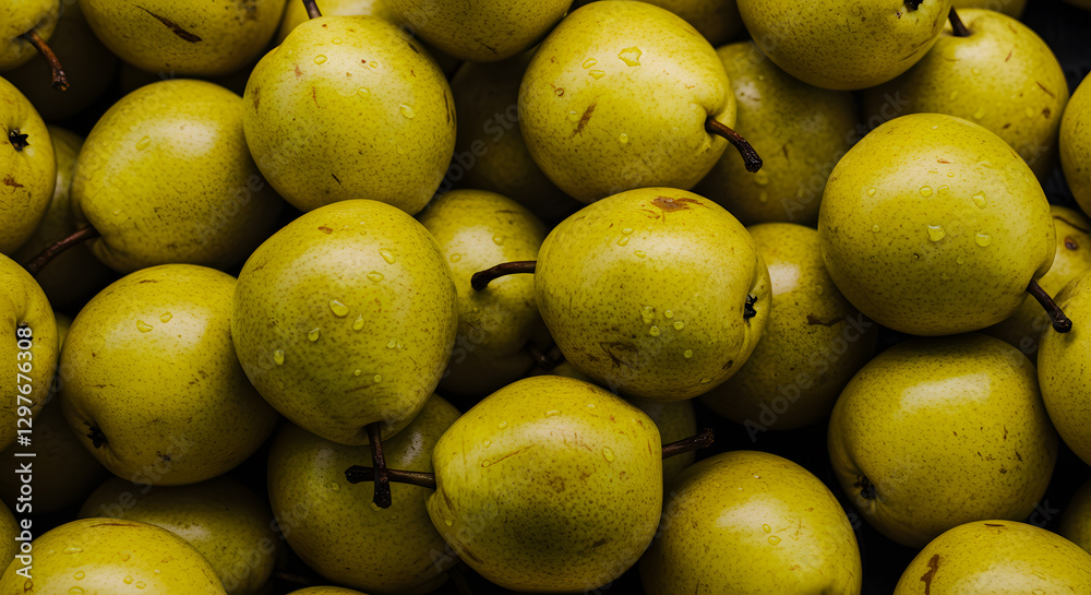 A close-up photograph of fresh, green pears with water droplets, highlighting their natural texture and vibrant color. A close-up photograph of fresh, green pears with water droplets, highlighting their natural texture and vibrant color.