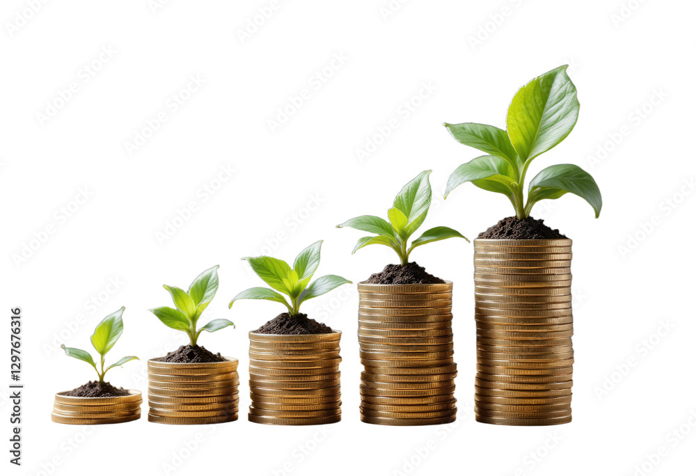 Stacks of coins with plants, transparent background