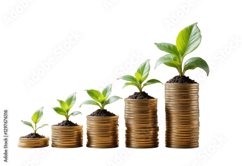 Obraz na płótnie Stacks of coins with plants, transparent background w salonie