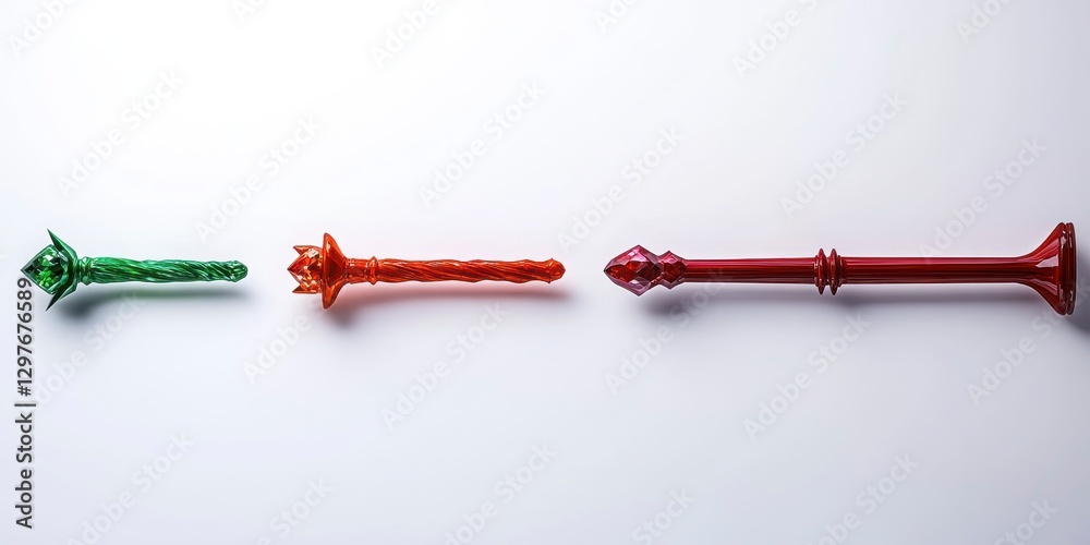 Fototapeta premium Colorful decorative wands in green, orange, and red on white background