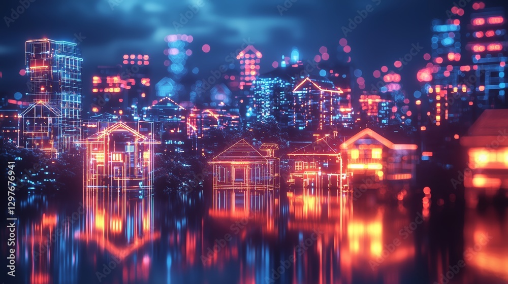 Fototapeta premium Futuristic Cityscape at Night with Neon Lights and Reflections