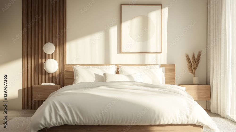 A serene minimalist bedroom featuring a large bed with crisp white sheets and a sleek wooden nightstand A serene minimalist bedroom featuring a large bed with crisp white sheets and a sleek wooden nightstand