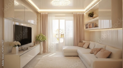 A small yet elegant apartment living room with smart storage solutions, soft textiles, and a compact sofa photo