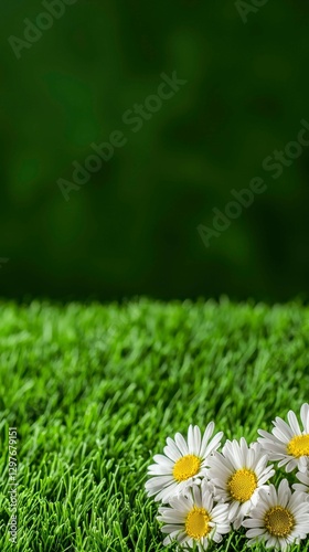 Daisies Bloom Freshly in Spring Green Grass Field Symbolizing New Beginnings and Brightness Backdrop