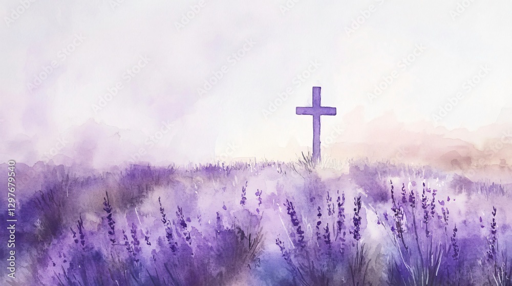 Serene Lavender Field with Cross - Watercolor Painting of Faith and Tranquility Serene Lavender Field with Cross - Watercolor Painting of Faith and Tranquility