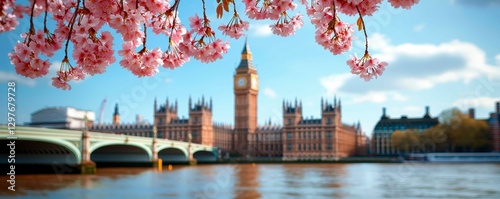 London's Springtime Beauty Westminster Palace Big Ben and Blossoms by the River Thames in England