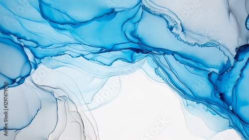 高級感のある薄くて淡いアルコールインクアート 水色 ブルー マーブル模様 余白あり 背景素材 チラシ・バナー・動画素材 16:9サイズ AI生成素材
