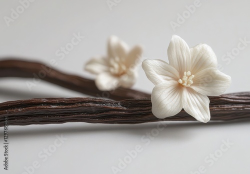 Delicate Vanilla Pods with Elegant White Flowers on a Soft Surface, Perfect for Culinary and Aromatic Inspirations in Natural Settings