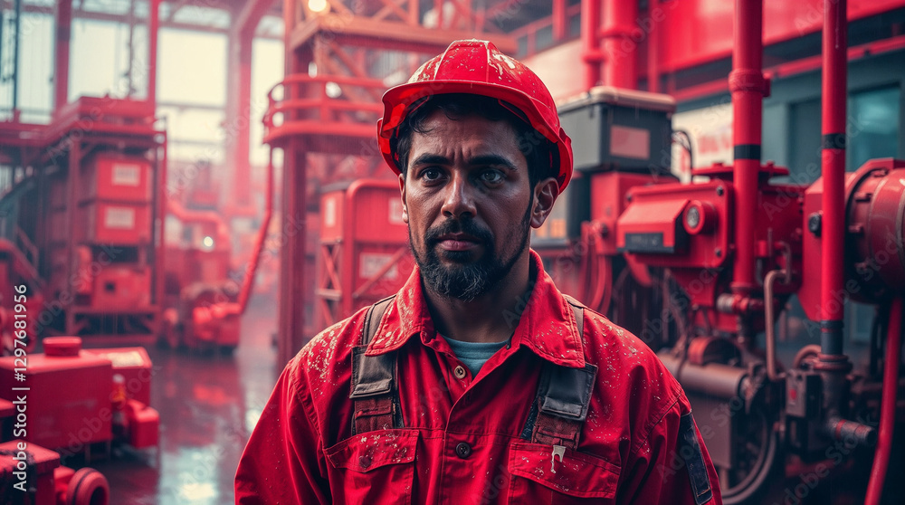 A Skilled Worker in a Red Industrial Environment A Skilled Worker in a Red Industrial Environment