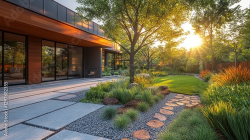 Fototapeta Naklejka Na Ścianę i Meble -  Modern home backyard landscaping at sunset