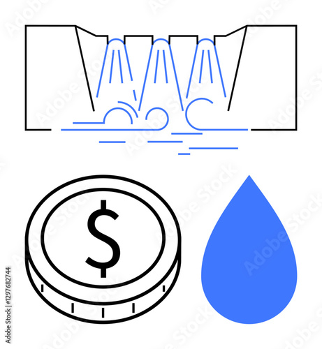 Water spray from nozzles in a channel, coin with dollar icon, and blue droplet signify water usage, cost management, sustainability, conservation, efficiency, infrastructure. Ideal for resource