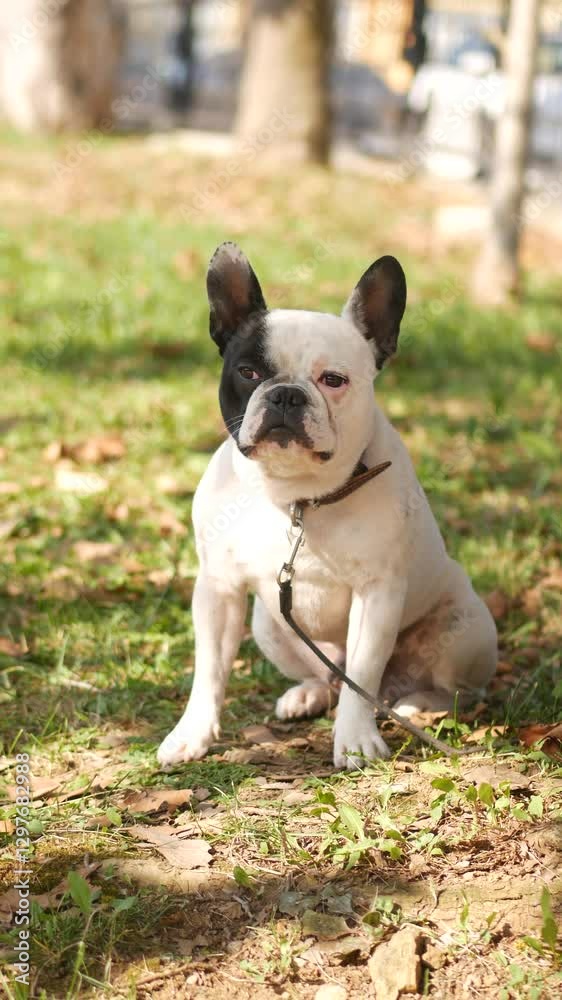 French Bulldog relaxing in a sunny park on a fall day French Bulldog relaxing in a sunny park on a fall day