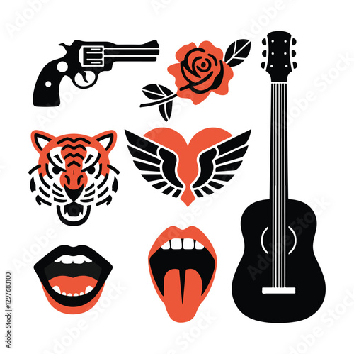 Rock and roll icons collection. Vector illustration of rock music badges and symbols, such as gun and rose, heart with the ribbon, tiger face, guitar, open mouth and wings. Isolated on white