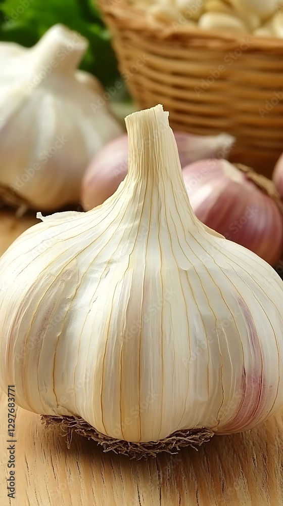 Obraz premium Garlic bulbs in a basket on a wooden table