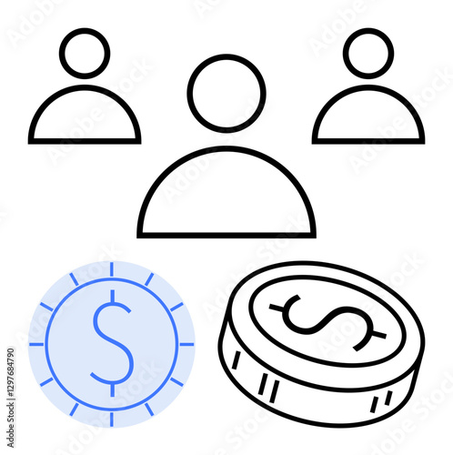 Three user icons representing team members a coin and currency symbols signify money and financial collaboration. Ideal for team management, finance presentations, business growth, investment