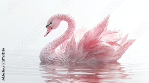 Fototapeta Naklejka Na Ścianę i Meble -  Pink swan gliding serene water. Feathered bird reflects ripples against bright white, dreamlike background