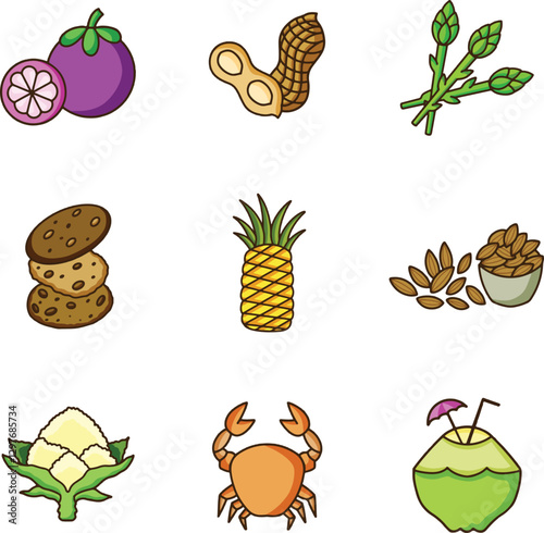 healthy food icons mangosteen, peanuts, asparagus, biscuits, pineapple, almonds, cauliflower, crab, young coconut with line art style