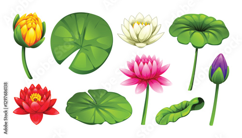 Set of various colored water lilies in different blooming stages, with leaves. Vector cartoon illustration
