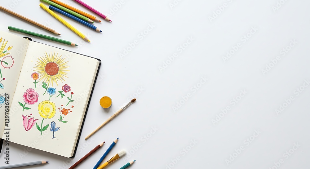 Fototapeta premium Colorful Flower Drawing with Art Supplies