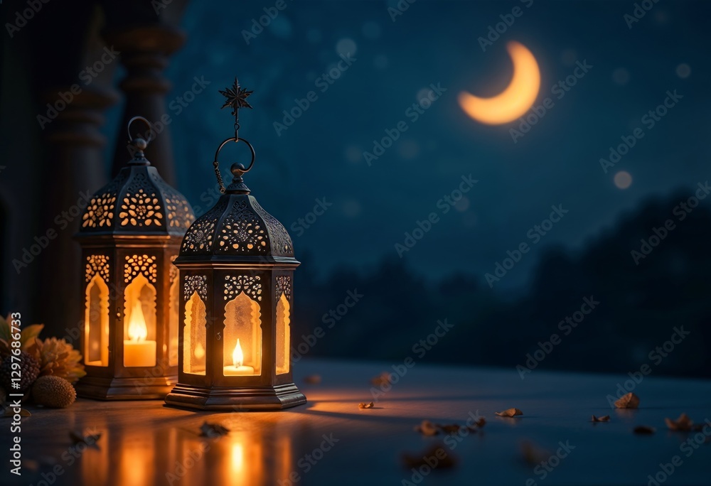 Fototapeta premium Ramadan Mubarak Celebration Golden Star, Crescent, and Traditional Lanterns