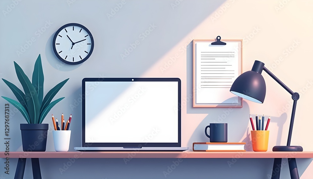 Modern Workspace Desk Laptop Clock Lamp Plant Notebook Stationery Modern Workspace Desk Laptop Clock Lamp Plant Notebook Stationery