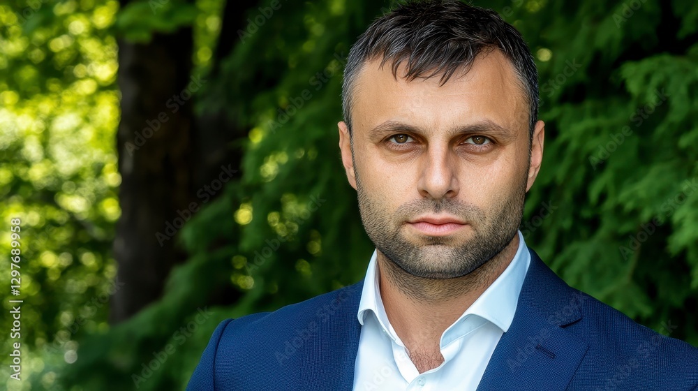 Confident Businessman Standing in Nature with Serious Expression Confident Businessman Standing in Nature with Serious Expression