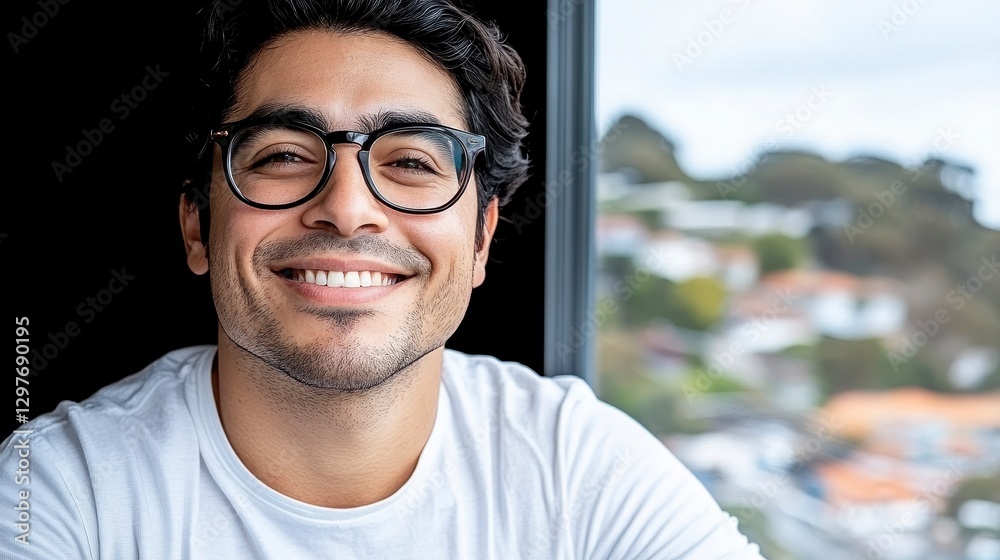 Fototapeta premium Smiling Young Man in Glasses Posing by Window with City Background