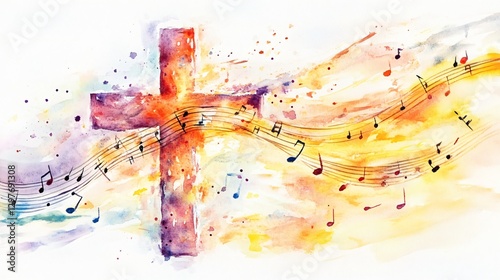 Watercolor Cross with Music Notes A Spiritual and Artistic Composition
