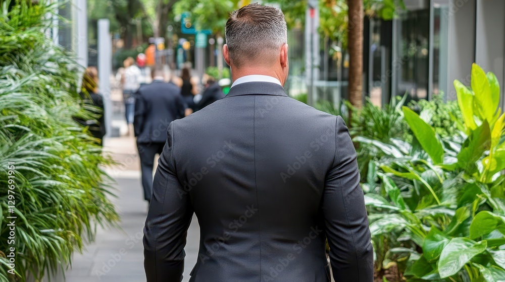 Man in Suit Walking through Urban Park Surrounded by Greenery Man in Suit Walking through Urban Park Surrounded by Greenery