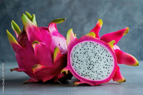 A large red dragon fruit with black seeds is cut in half