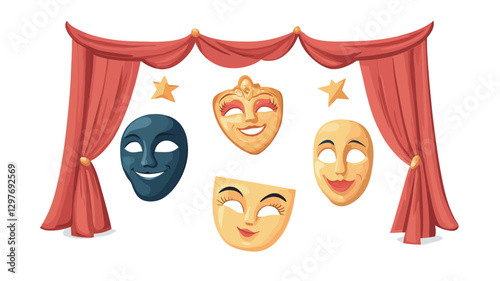 A digital illustration depicting four stylized theatrical masks �C two comedic and two tragic �C arranged against a backdrop of a red stage curtain. The masks are rendered in a cartoon style with