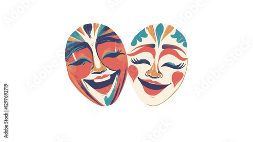 Two stylized masks, one representing comedy and the other tragedy, are depicted in close proximity.  The masks are rendered in a vector illustration style with vibrant, multicolored, abstract