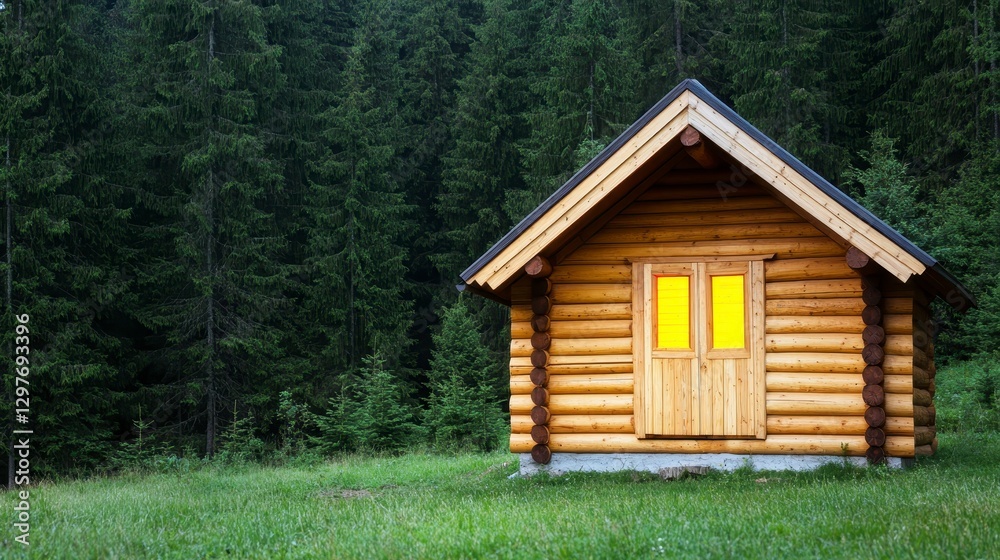 Cozy wooden cabin surrounded by lush green forest at dusk Cozy wooden cabin surrounded by lush green forest at dusk