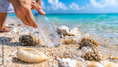 Beach cleanup, plastic bottle removal