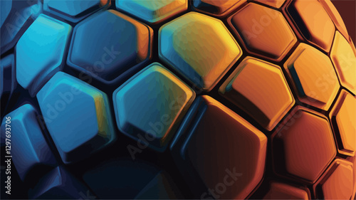 Close-up view of a three-dimensional abstract pattern composed of numerous hexagons. The hexagons are rendered with a glossy, reflective surface.  A gradient color scheme transitions from cool