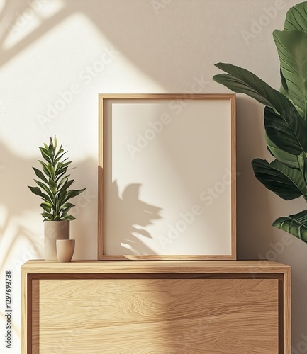 Empty framed poster on light wooden dresser, sunlit room with plant.  Use for home decor, interior design