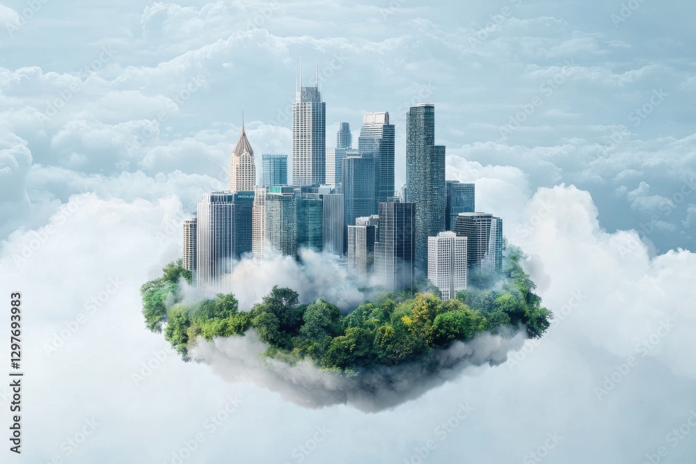 Fototapeta premium Dreamy Cityscape Above Clouds with Lush Greenery Below