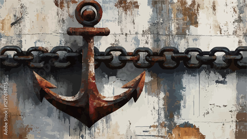 Close-up shot of a rusty anchor with a thick chain against a textured background. The anchor and chain show significant signs of rust and wear, suggesting age and exposure to the elements.  The
