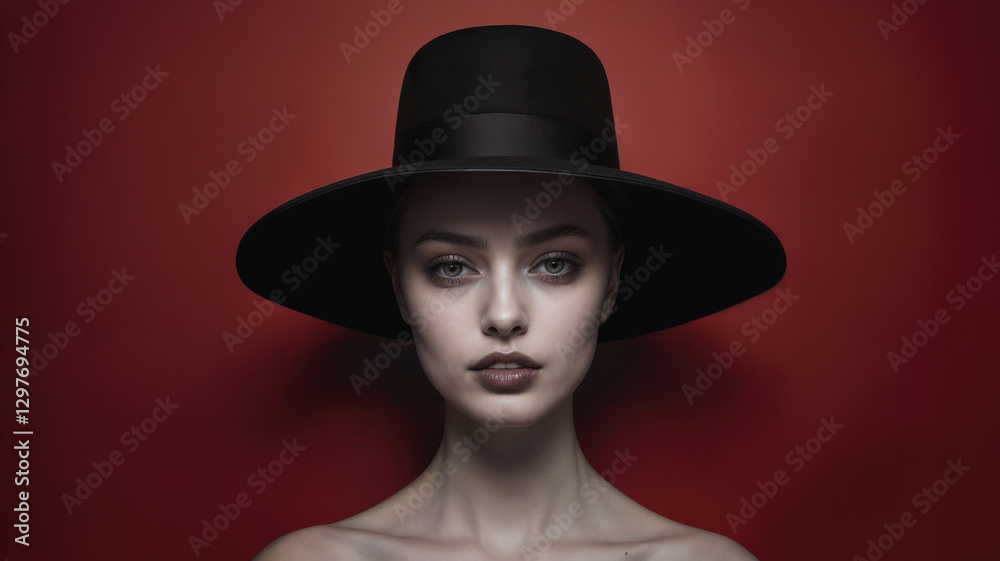 A striking portrait of a woman in a black wide-brimmed hat against a deep red background. Her intense gaze and bold contrast create a dramatic, cinematic feel. High fashion studio portrait. A striking portrait of a woman in a black wide-brimmed hat against a deep red background. Her intense gaze and bold contrast create a dramatic, cinematic feel. High fashion studio portrait.