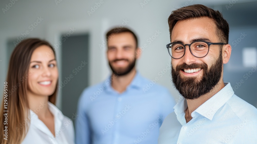 Smiling Business People in Modern Office Environment with Soft Lighting Smiling Business People in Modern Office Environment with Soft Lighting
