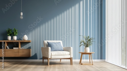 Close-up of light brown, diagonally-patterned wooden planks against a serene light blue wall, exuding warmth and elegance photo