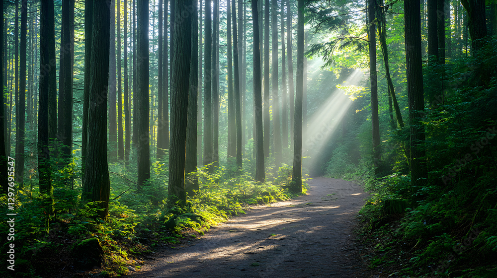 Fototapeta premium through a forest with tall, narrow trees and rays of sunlight piercing through the canopy, creating a peaceful atmosphere for hikers 